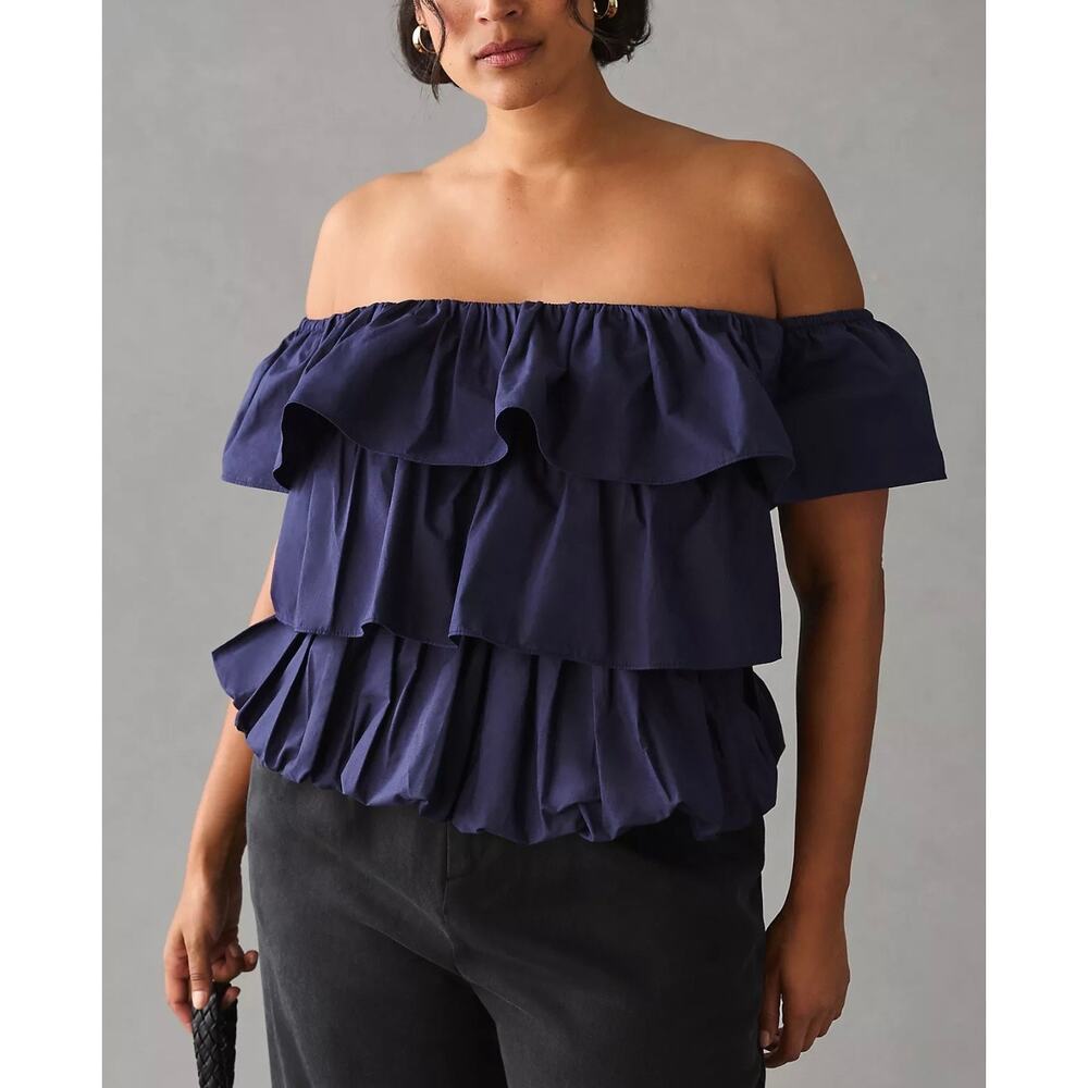 Maeve Anthropologie Navy Tiered Ruffle Off Shoulder Top Plus Size 1X - Picture 2 of 13